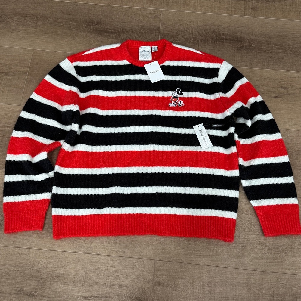 NWTMickey Mouse Sweater Men L Red Black Striped Embroidered Disney X Forever‎ 21